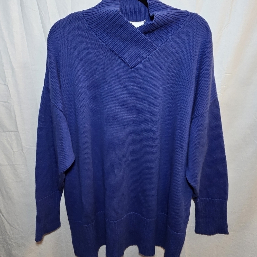 Bryn Walker Vintage 100% Cotton Blue Mock Neck Sweater Lagenlook Tunic, az L